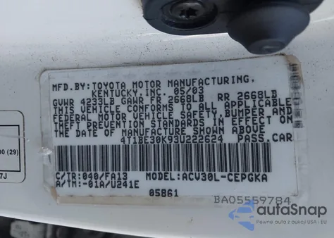 2003 Toyota Camry Xle z USA, uszkodzony, nr VIN 4T1BE30K93U222624